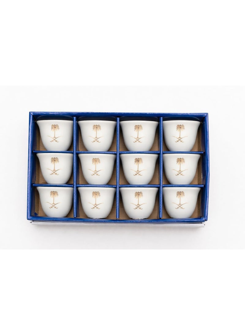 ALSAHAH Premium Saudi Coffee Cups Set with Palm & Swords Design – 12-Piece Fine Porcelain Traditional Cawa Cups - Image 1